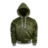 i-blamesocietytm Satin Olive Hooded Button-Down Bomber Jacket