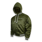 i-blamesocietytm Satin Olive Hooded Button-Down Bomber Jacket