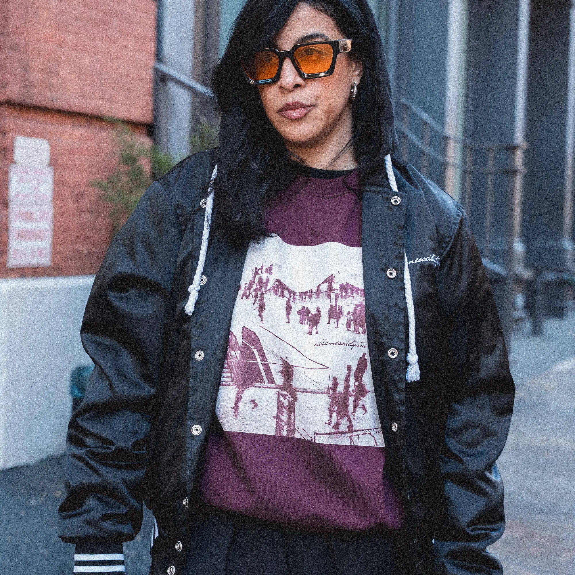 i-blamesocietytm Satin Black Hooded Button-Down Bomber Jacket