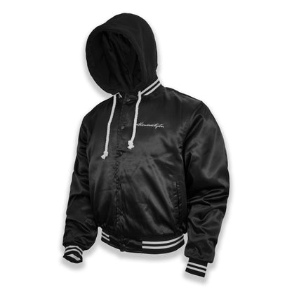 Stealth Black Hooded Satin Bomber | 4-Pocket Luxury Flight Jacket