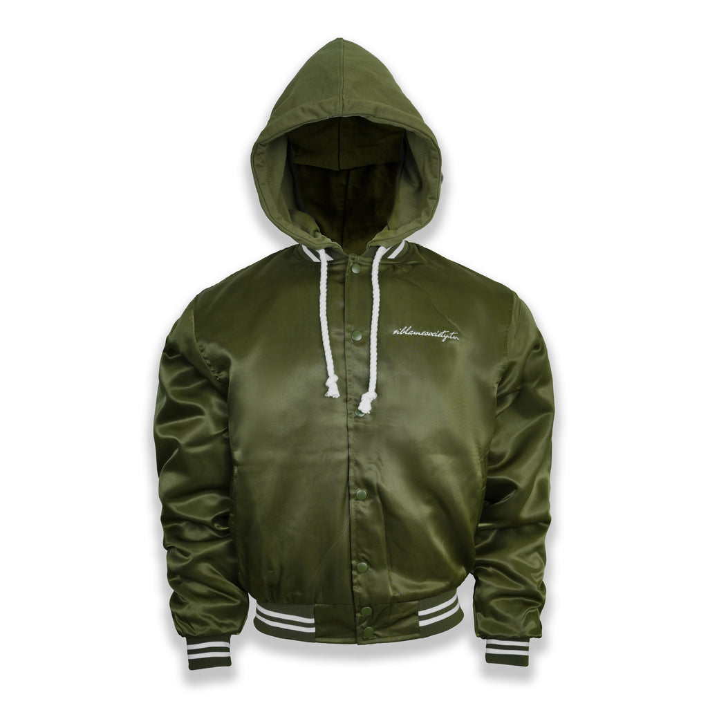 i-blamesocietytm Satin Olive Hooded Button-Down Bomber Jacket