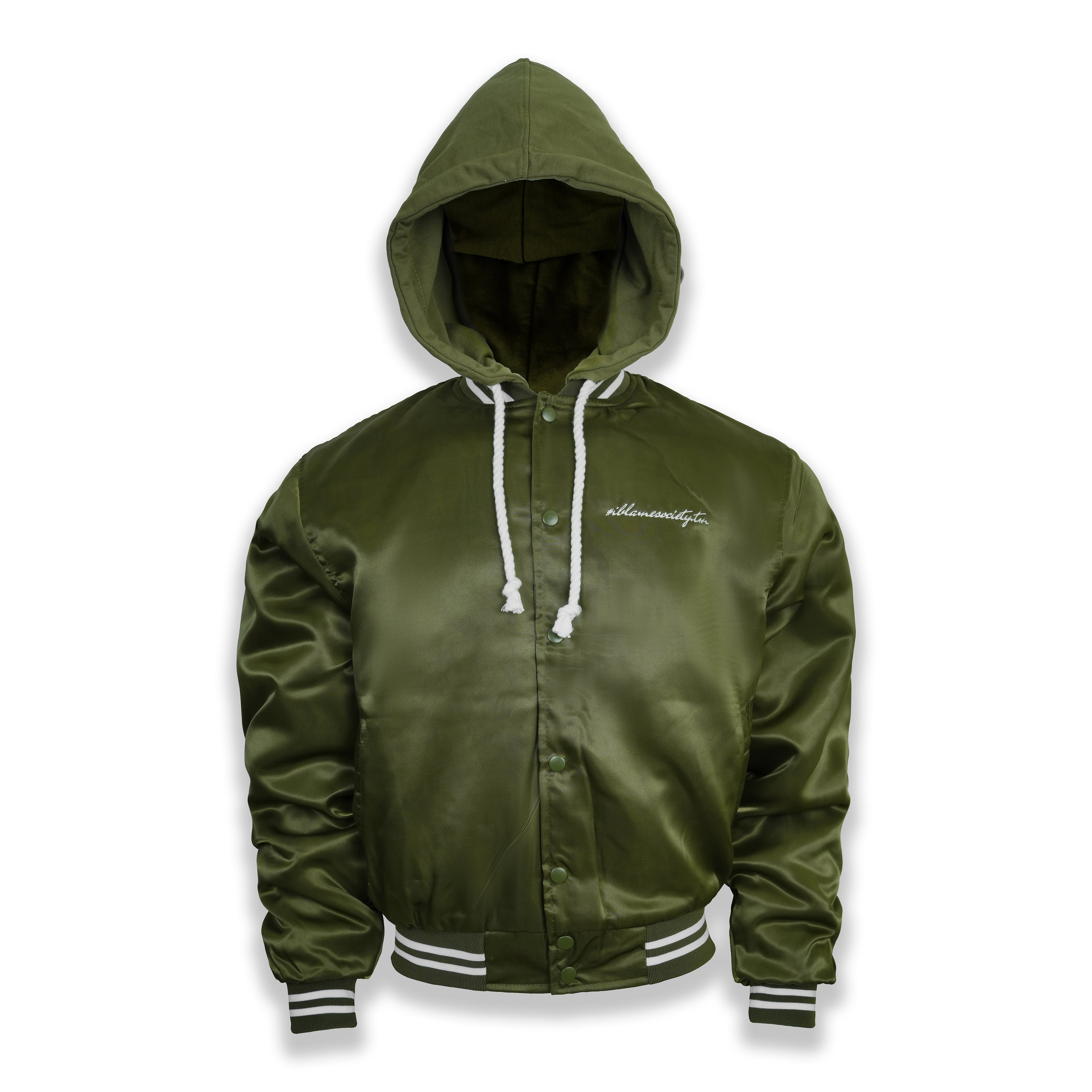 i-blamesocietytm Satin Olive Hooded Button-Down Bomber Jacket