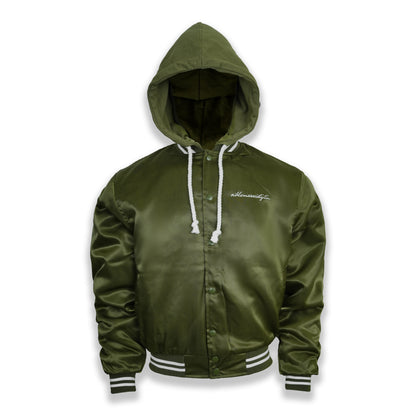 Hooded Satin Flight Bomber Jacket | Olive Drab & Combed Cotton