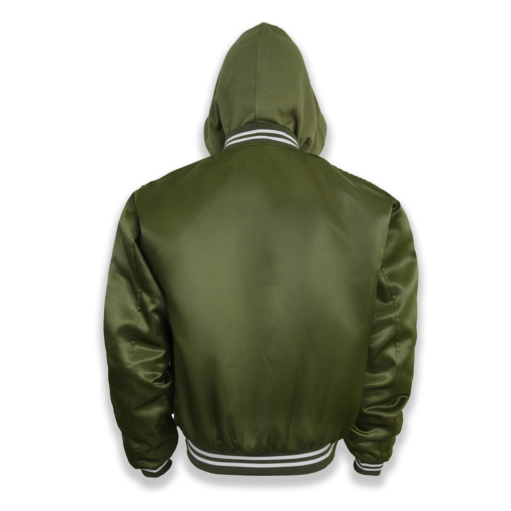 i-blamesocietytm Satin Olive Hooded Button-Down Bomber Jacket