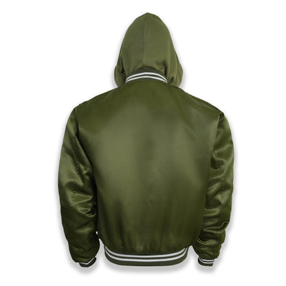 Hooded Satin Flight Bomber Jacket | Olive Drab & Combed Cotton
