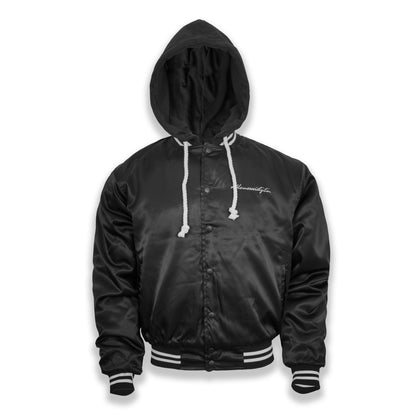 Stealth Black Hooded Satin Bomber | 4-Pocket Luxury Flight Jacket