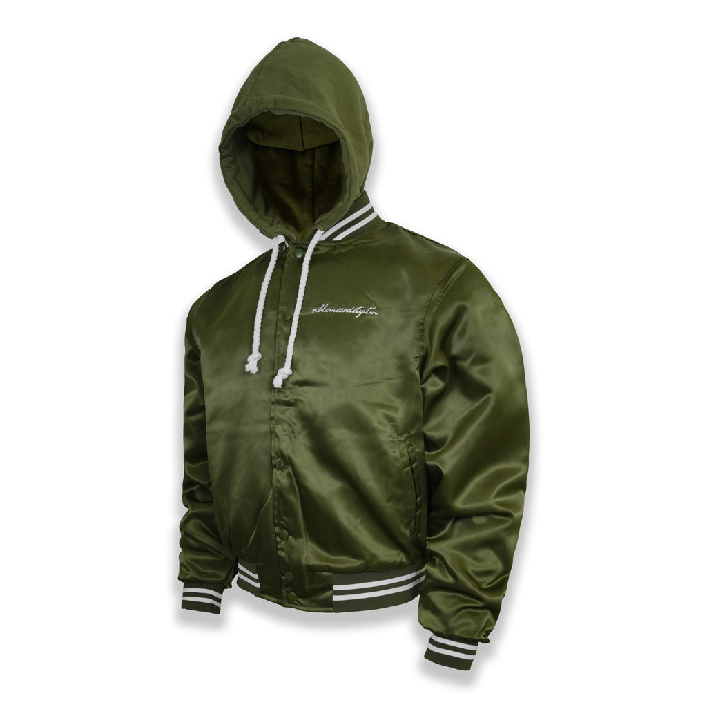 i-blamesocietytm Satin Olive Hooded Button-Down Bomber Jacket