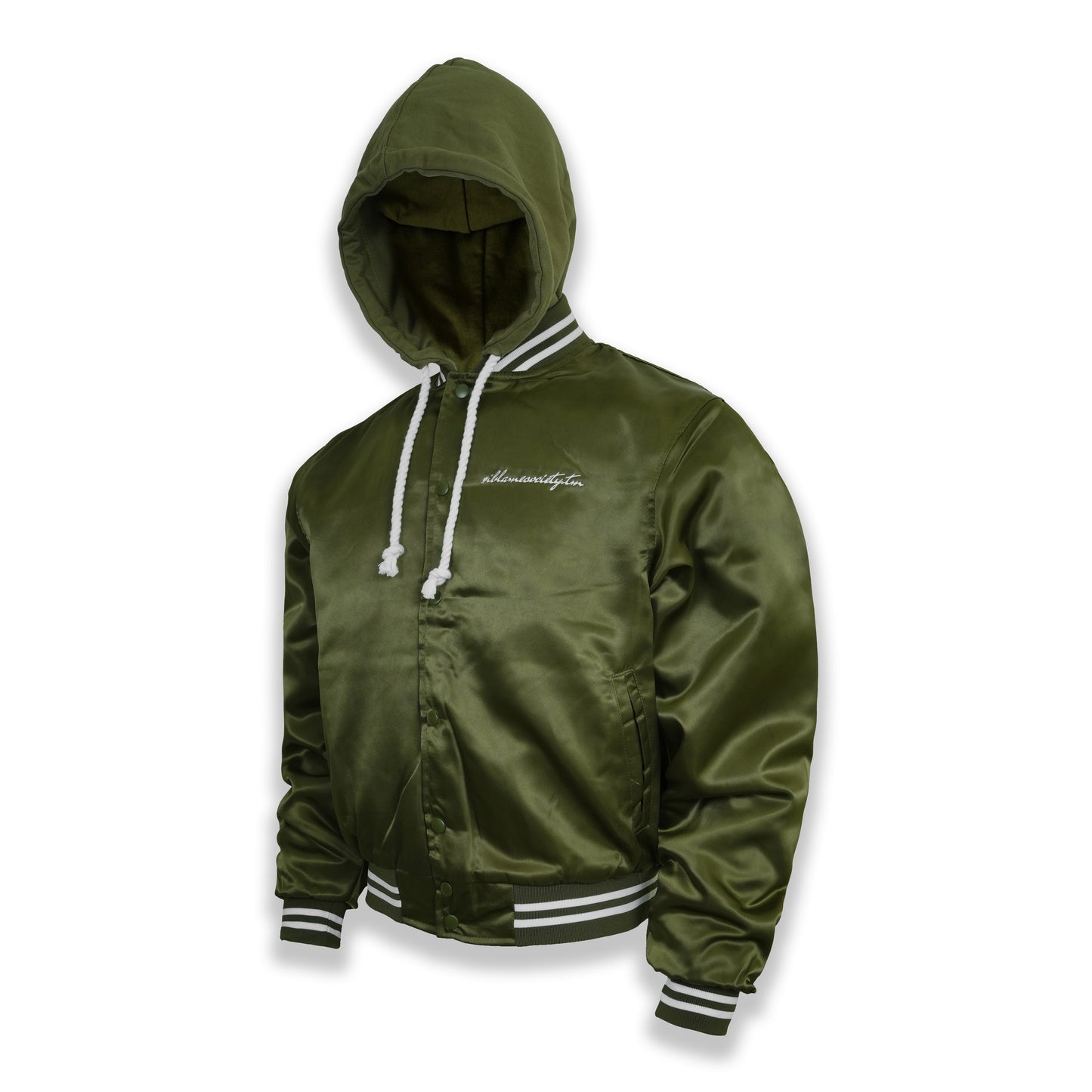 Hooded Satin Flight Bomber Jacket | Olive Drab & Combed Cotton