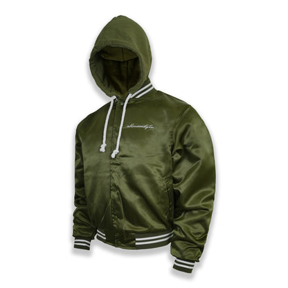 Hooded Satin Flight Bomber Jacket | Olive Drab & Combed Cotton
