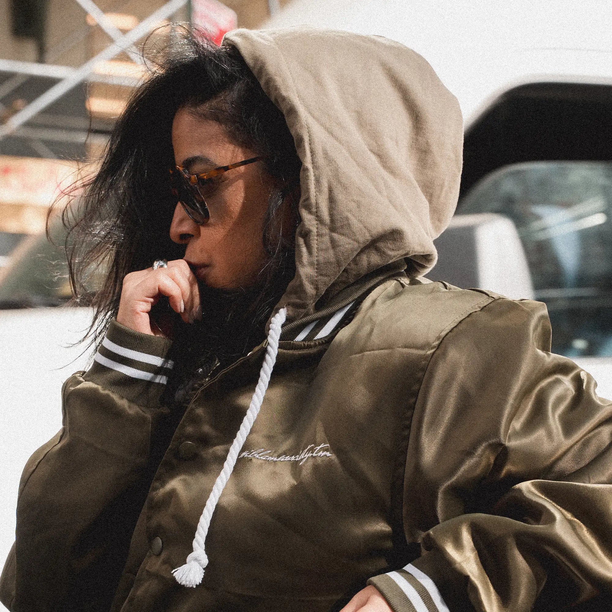 i-blamesocietytm Satin Olive Hooded Button-Down Bomber Jacket