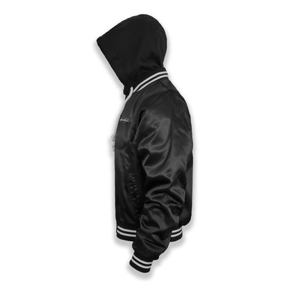 Stealth Black Hooded Satin Bomber | 4-Pocket Luxury Flight Jacket