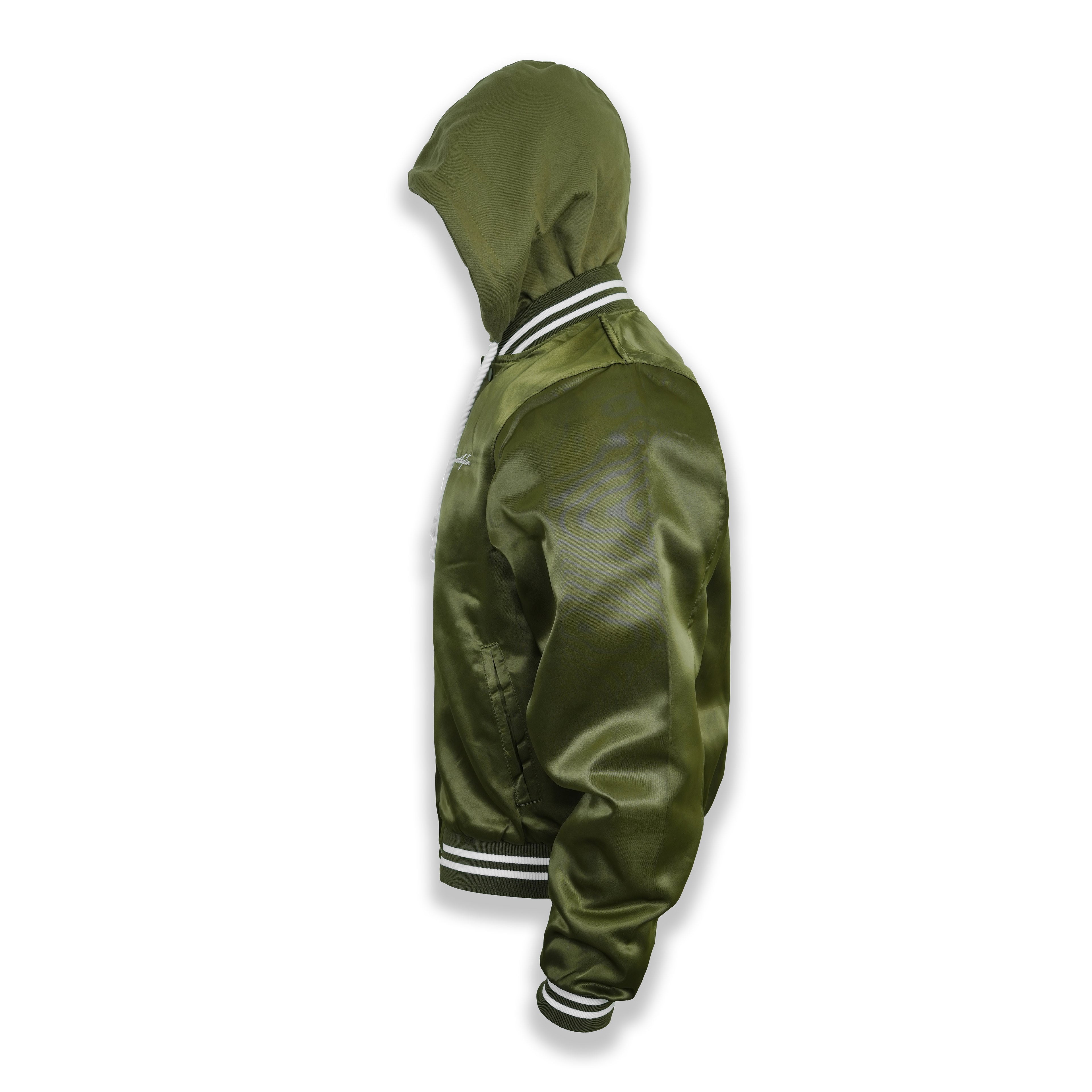 i-blamesocietytm Satin Olive Hooded Button-Down Bomber Jacket