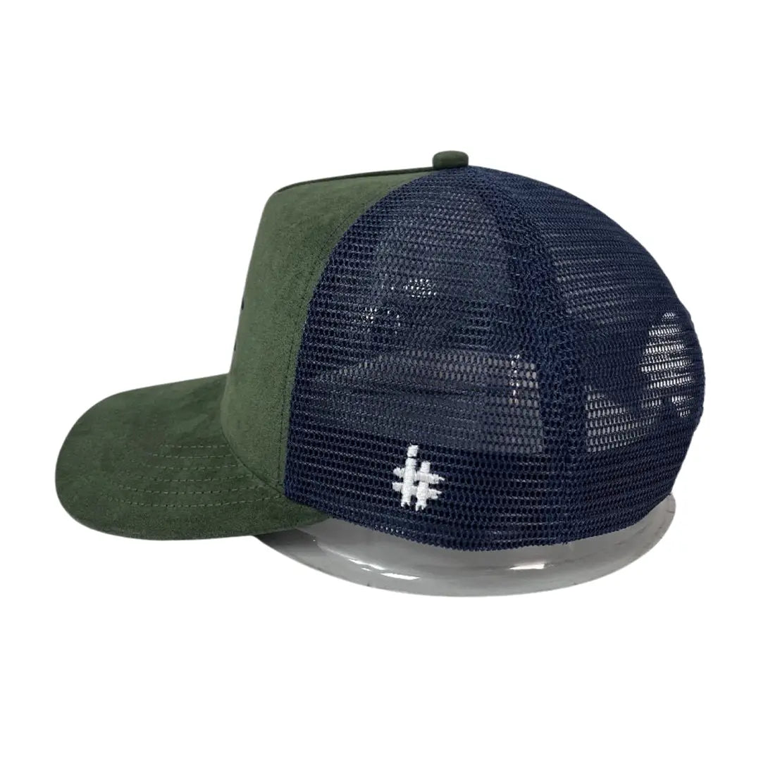 Navy and Olive Suede Trucker Hat