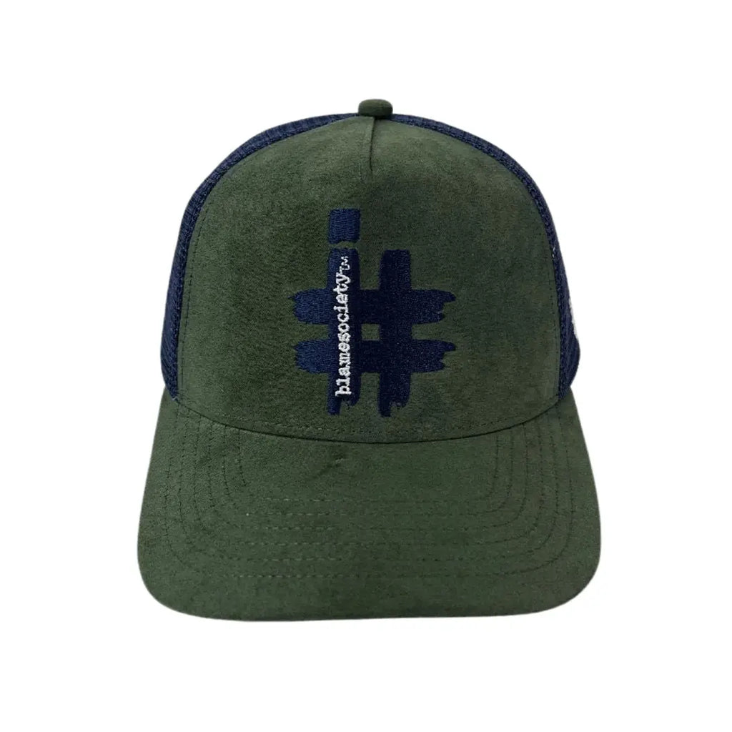 Navy and Olive Suede Trucker Hat