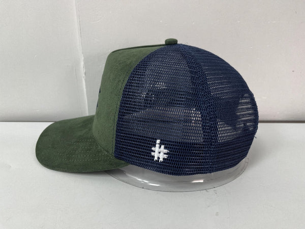 Navy and Olive Suede Trucker Hat